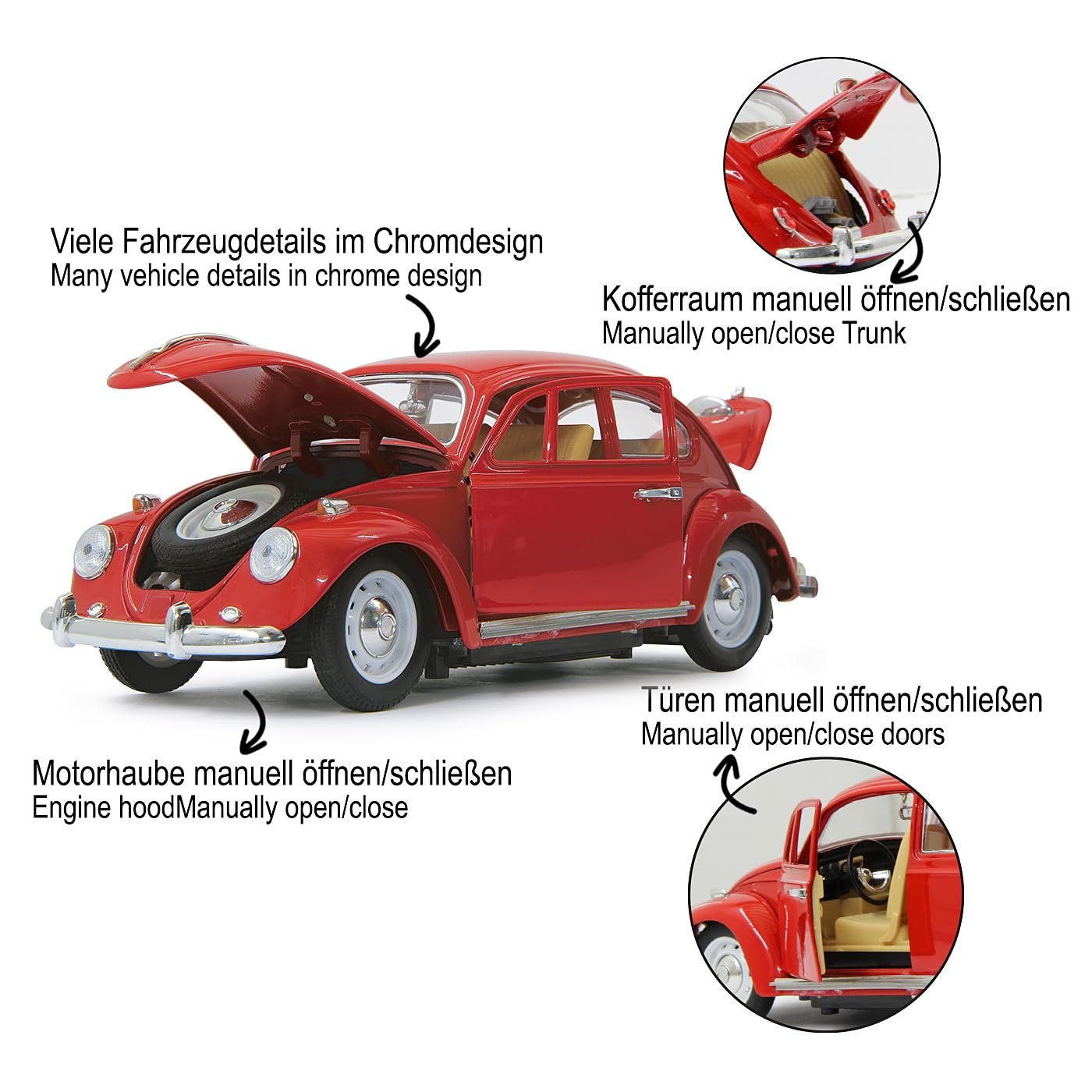 JAMARA 405110 - VW Käfer 1:18 RC Diecast Rot 27MHz – Kultfahrzeug mit Gummi-Bereifung, öffnen von Türen, Motorhaube und Kofferraum, perfekt nachgebildete Details, hochwertige Verarbeitung
