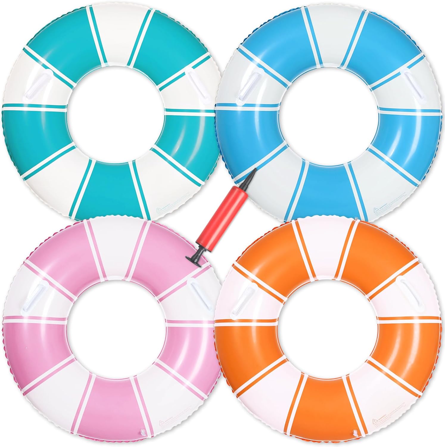 Inflatable Pool Floats with Handles 31.5 Inches 4 Colors Classic Striped Swim Rings Tubes Stripes Swimming Pool Floaties with Pump for Summer Beach Lake River Bachelorette Party Decorations