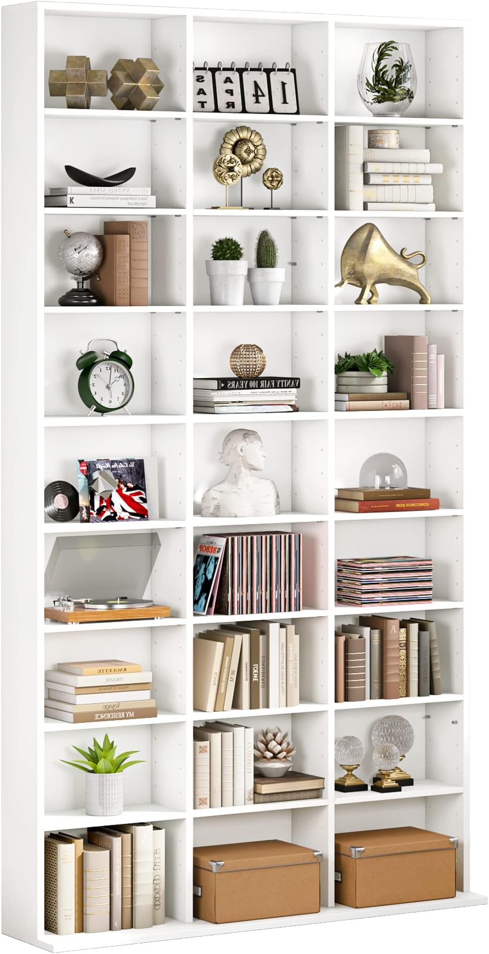 FirFurd Tall Bookcase CD DVD Storage Unit Tower Wooden Display Rack with Adjustble Shelves 27 Storage Compartments White Bookshelf 102.5x23.5x190cm