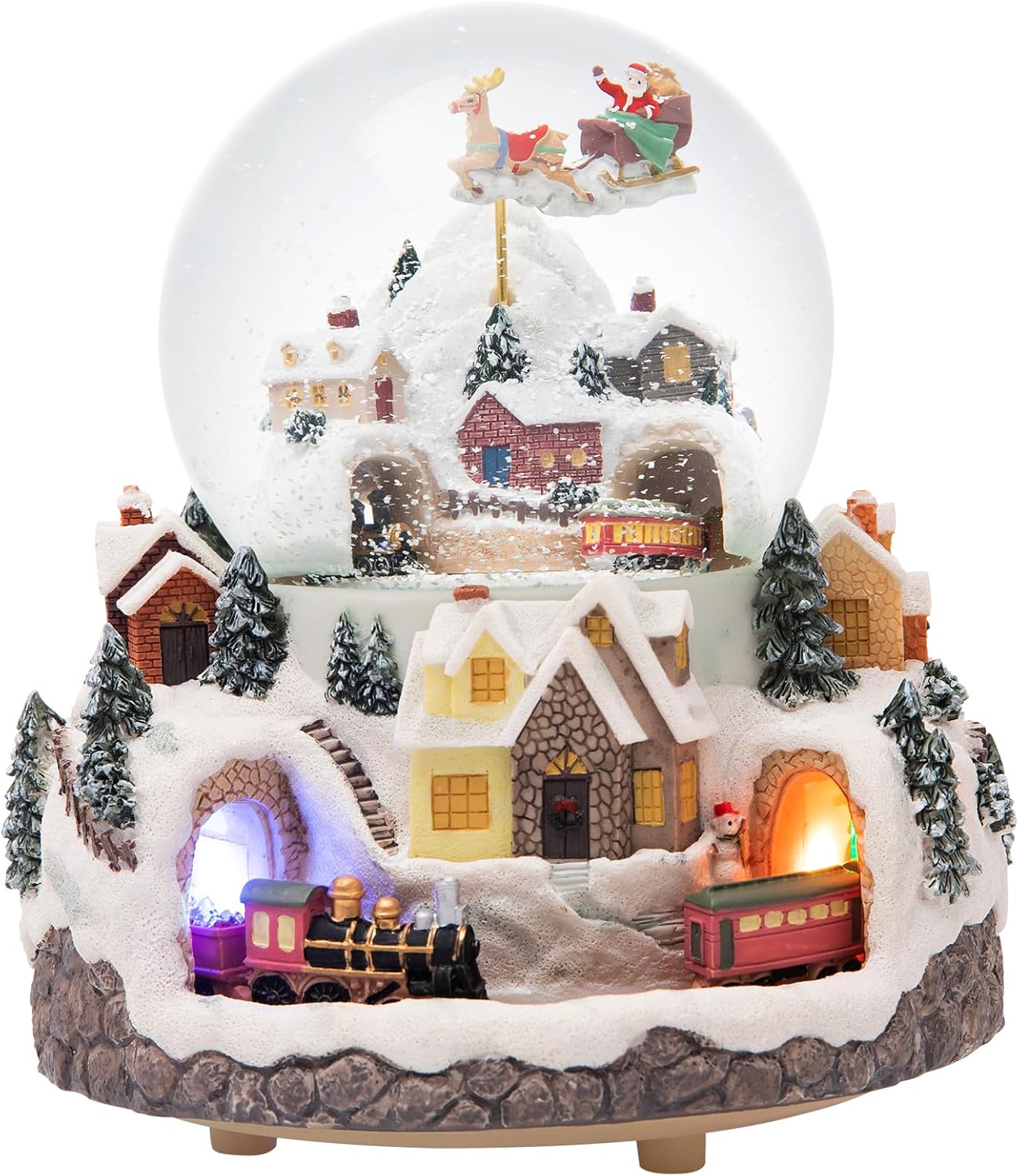 Triple Revolving Illuminated Train Musical Village Winter Scene Flying Santa Snow Globe (Jingle Bell)