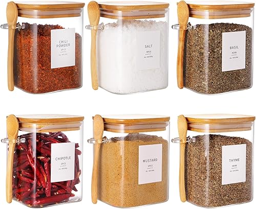 HHMJSM 6 tarros cuadrados de vidrio con tapa de bambú y cuchara, contenedor grande de azúcar de 30 onzas con 148 etiquetas para tarros de especias