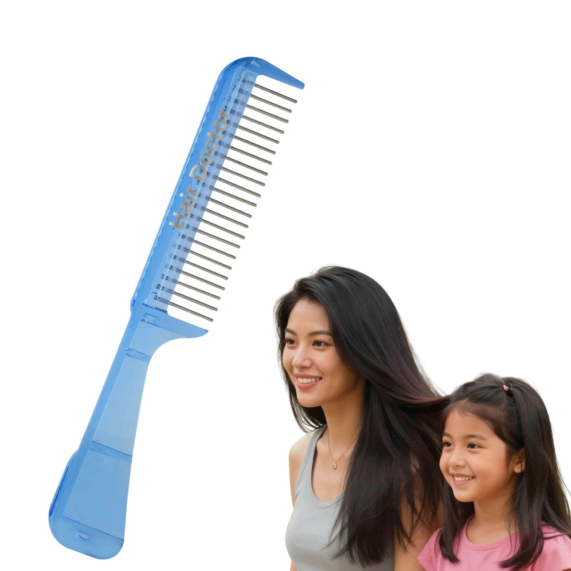 The Hair Doctor Handle Comb with silky smooth rotating teeth reduces hair breakage and hair loss (22 Stainless Teeth, Ice Blue)