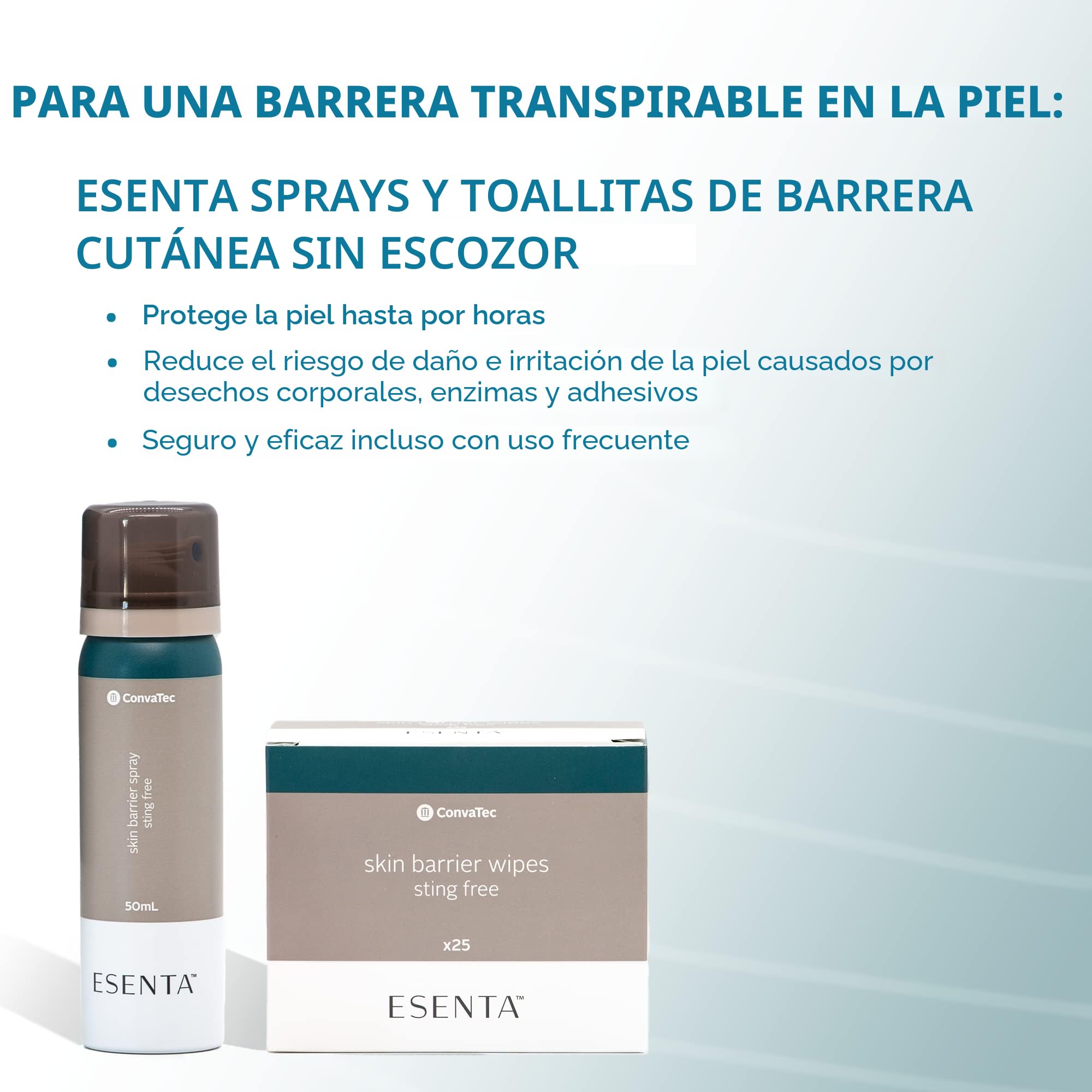 ConvaTec ESENTA Barrera cutánea para la protección alrededor de ostomías y heridas, a base de silicona, sin picaduras y sin alcohol, botella de spray de 50 ml (paquete de 1)