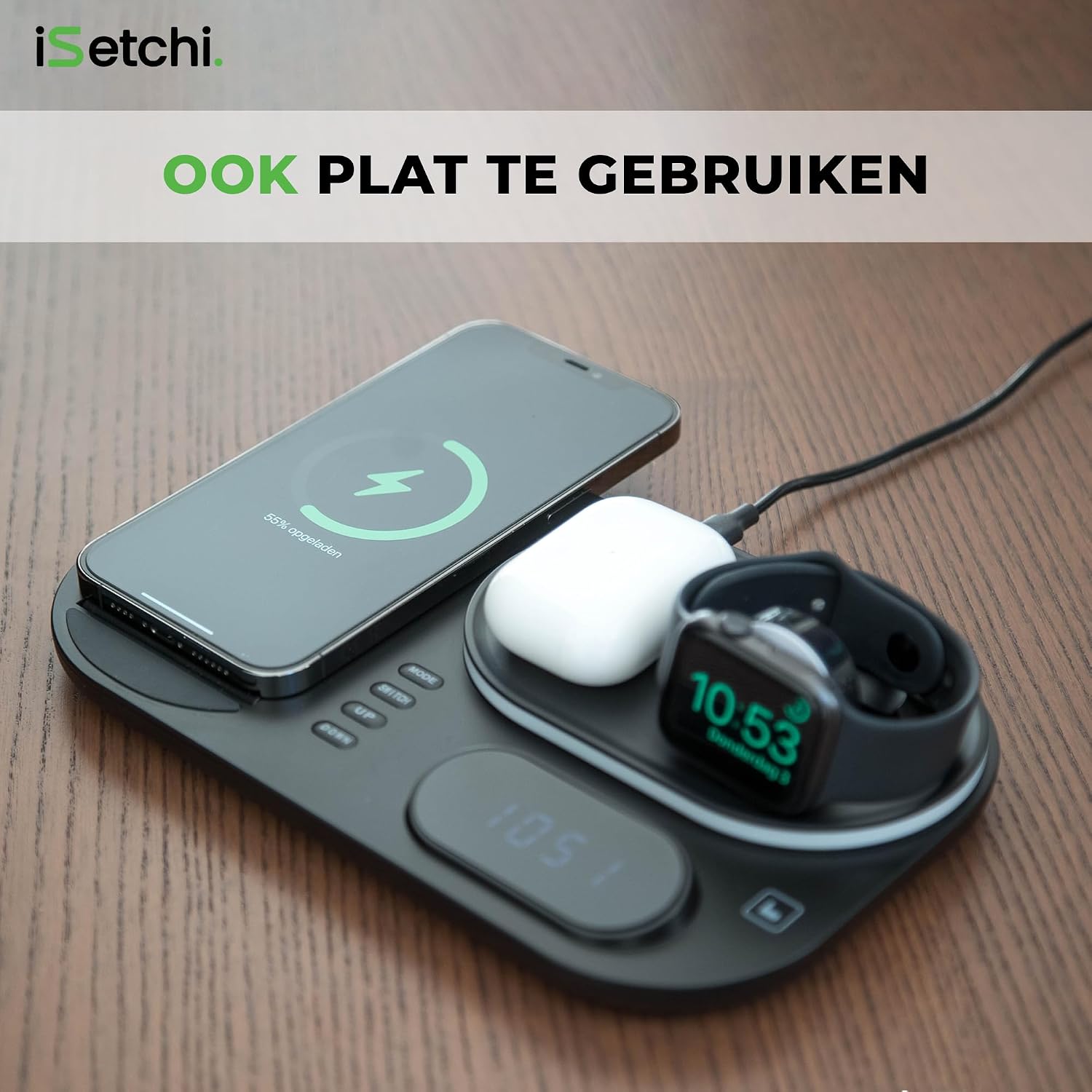 iSetchi 4-in-1 Wireless Charger in flat mode, with a smartphone charging horizontally, a smartwatch, and earbuds.