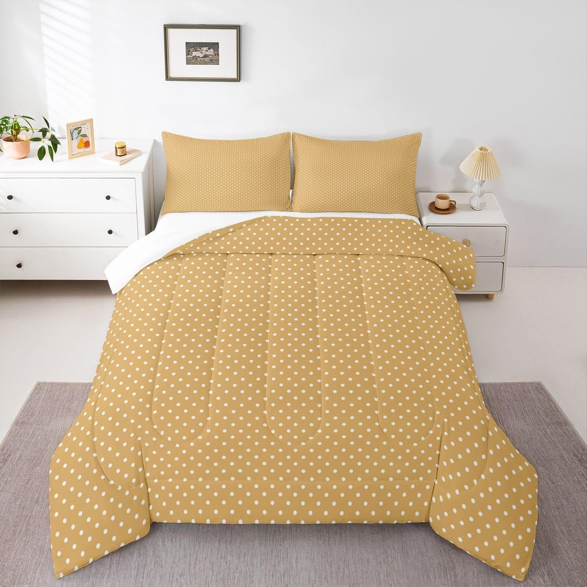 Erosebridal Dotted Yellow Comforter Set Queen Size White Polka Dot Down Comforter Bedroom Decor Geometric Bedding Set for Kids Boys Girls Teens Modern Pattern Printed Quilt Set