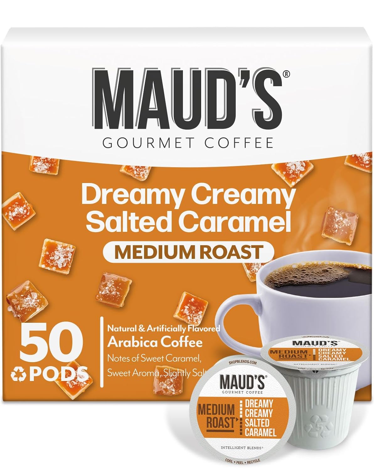 Maud's Salted Caramel Flavored Coffee Pods, 50ct, Medium Roast Flavored Coffee in Recyclable Single Serve Pods  100% Arabica Beans, Compatible with Keurig K Cups Maker