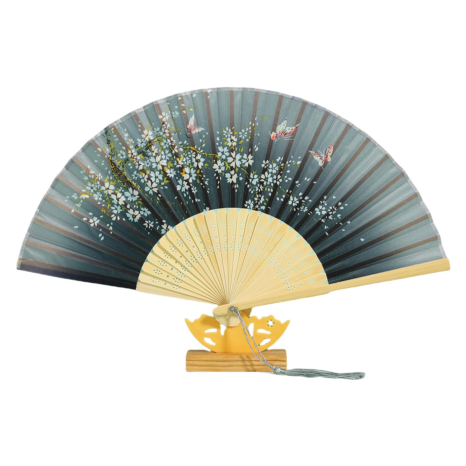 GTYLF Luxurious Silk Folding Fan with Embroidery & Frame Elegant Wedding Dance Props with Tassels for Special Silk Hand Fan Frame Folding