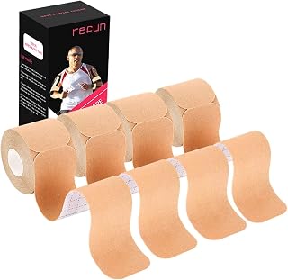 Kinesiology Tape Precut (4 Rolls Pack), Elastic Therapeutic Sports Tape for Knee Shoulder and Elbow, Pain Relief, Waterproof, Latex Free, 2" x 16.5 feet Per Roll, 20 Precut 10 Inch Strips Beige