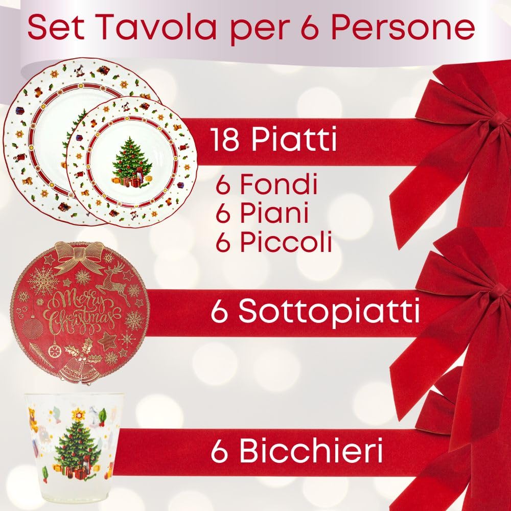 Servizio Piatti Natalizi - Set Piatti 6 Persone - Adatti alla Lavastoviglie -Porcellana - Piatti Moderni - Articoli Natalizi - 18 Pezzi Servizio Piatti Natalizio (SET TAVOLA NATALE)
