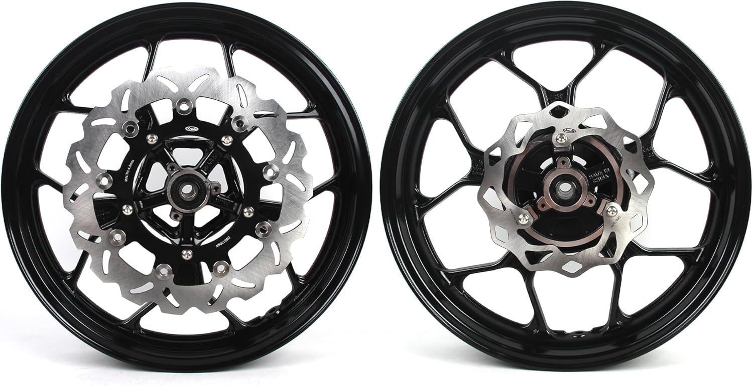 Gloss Black Front Rear Wheel Rims and Brake Discs Rotors Compatible with Yamaha YZF R3 R25 MT03 MT25 2015-2024 ABS include, Motorcycle Replacement Accessories Parts