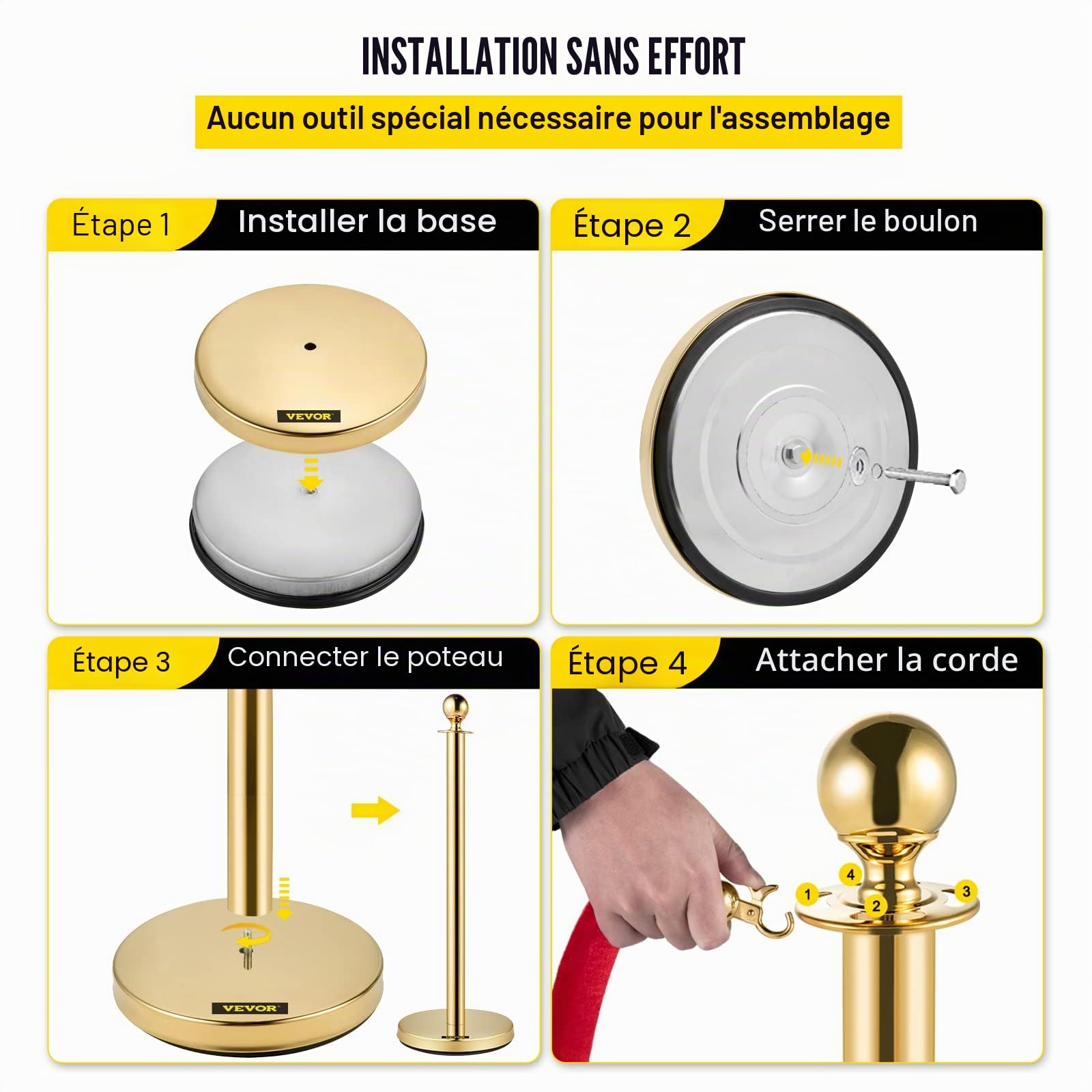 VEVOR Cordes et poteaux en velours en acier inoxydable doré avec boule supérieure (4)