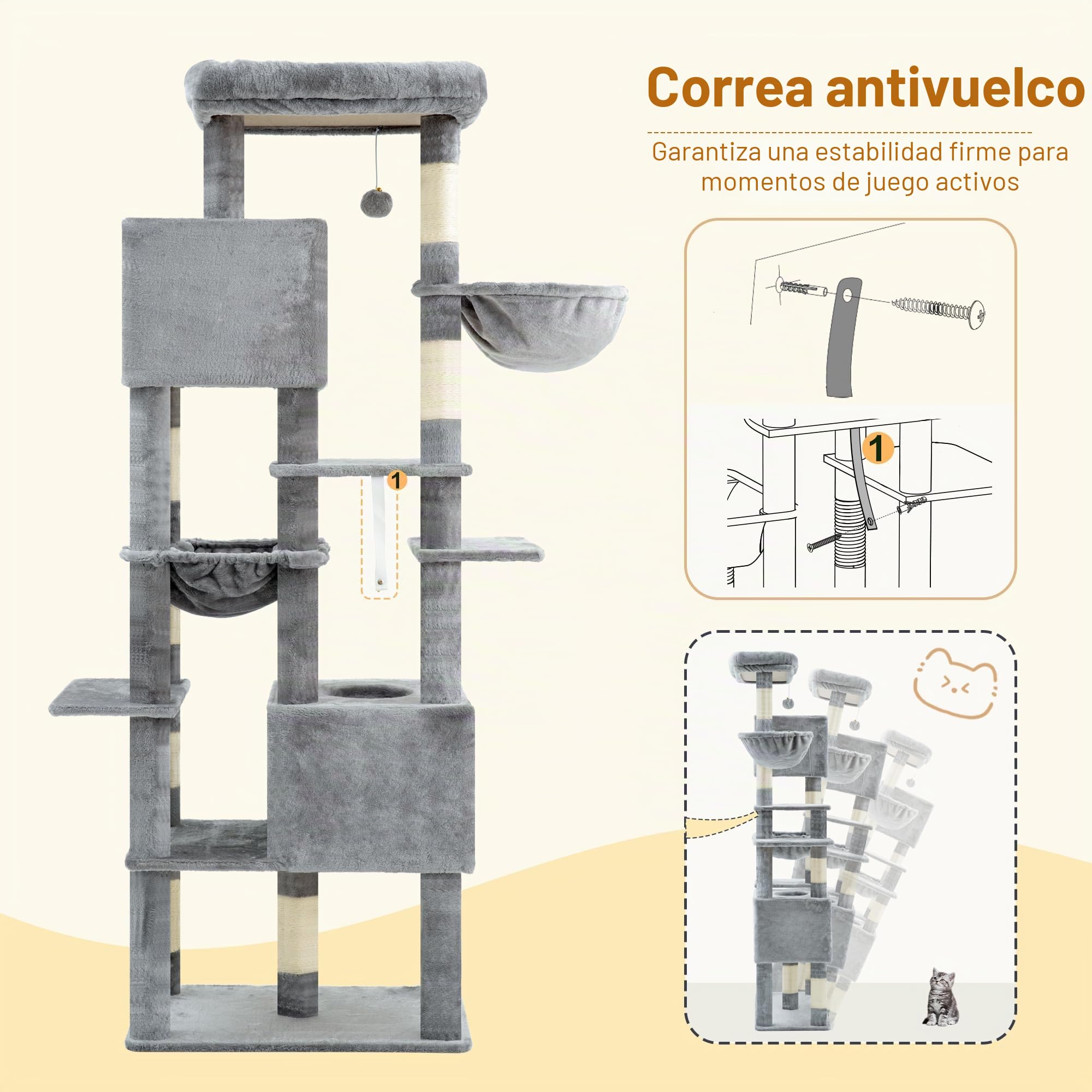 Heybly Rascador Para Gatos Grandes, 193 cm Torre para Gatos con Base Grande de 5 Postes para Máxima Estabilidad, Incluye 2 Cuevas, 1 Hamaca, 1 Cesta y 10 Postes Rascadores de Sisal, Gris Claro HCT039W