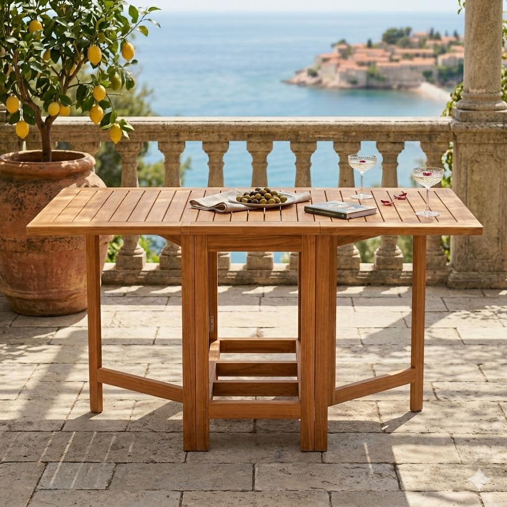 Tavolo Pieghevole a Farfalla in Legno Teak TERRASSE | Tavolo Salvaspazio da Esterno con Ali Richiudibili | Tavolo da Giardino, Terrazza e Balcone in Teak Golden | 130 x 76 x 70 cm