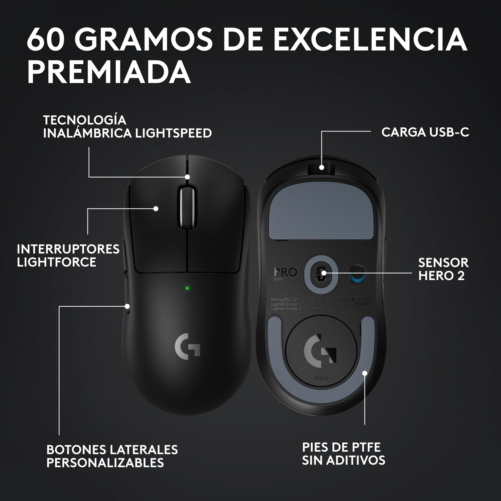 Logitech G Pro X Superlight 2, Ratón inalámbrico gamingratón Pro-Grade de 60 g con 5 Botones programables, Europa del Este Envases,44 000 dpi, Velocidad de Respuesta de 8 kHz, USB-C,PC/Mac - Negro