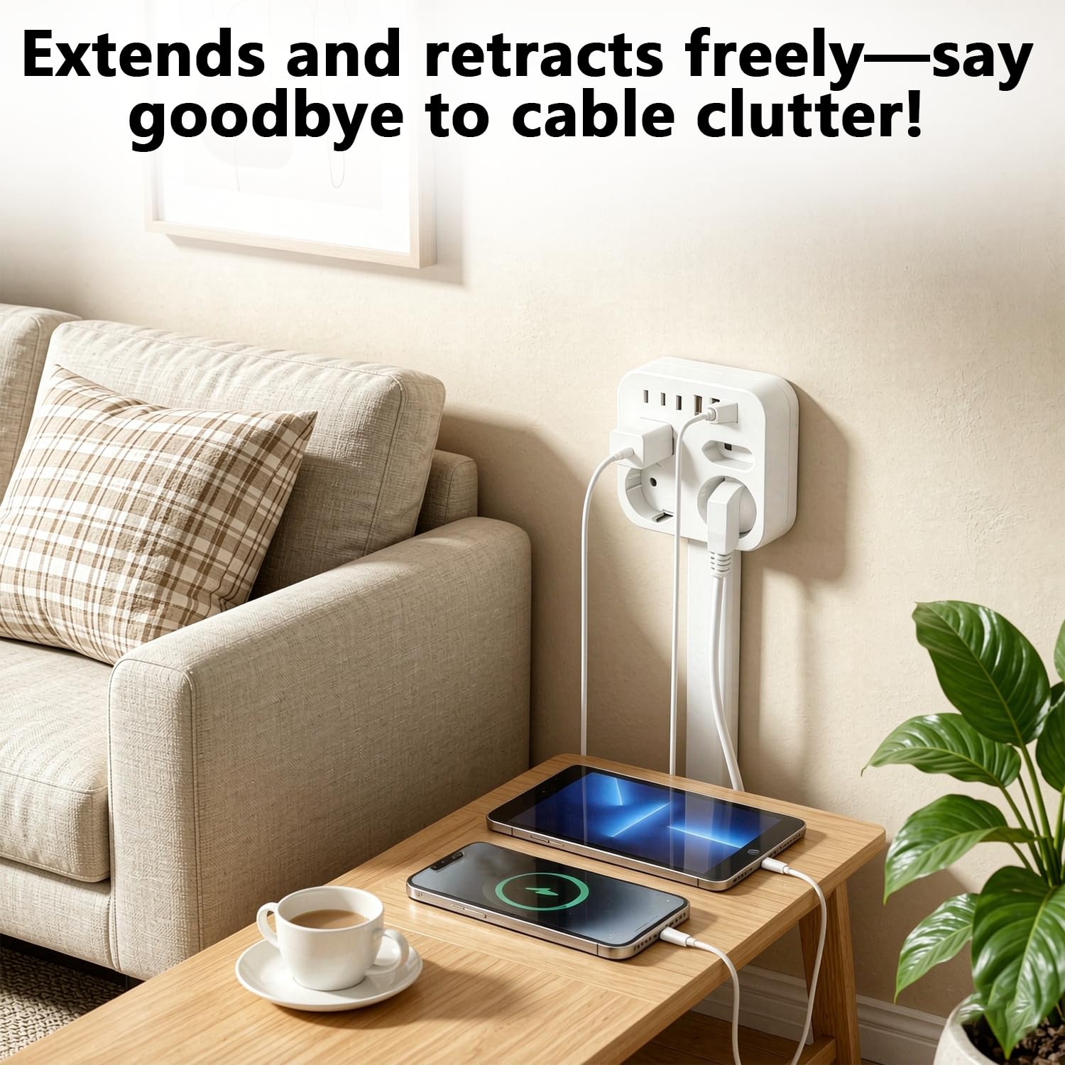 Ciabatta elettrica con USB, 4 prese espandibili, montaggio a parete, multipresa con 3 USB-A e 3 USB-C, girevole a 360°, cavo estensibile, presa da tavolo per casa, cucina, ufficio, piano del tavolo