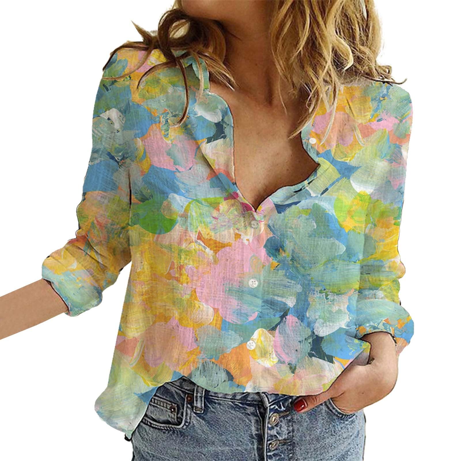 Women's Casual V Neck Boho Floral Print Roll Up Long Sleeve Chiffon Button Down Blouses Bohemian Top Shirts(Blue,X-Large)