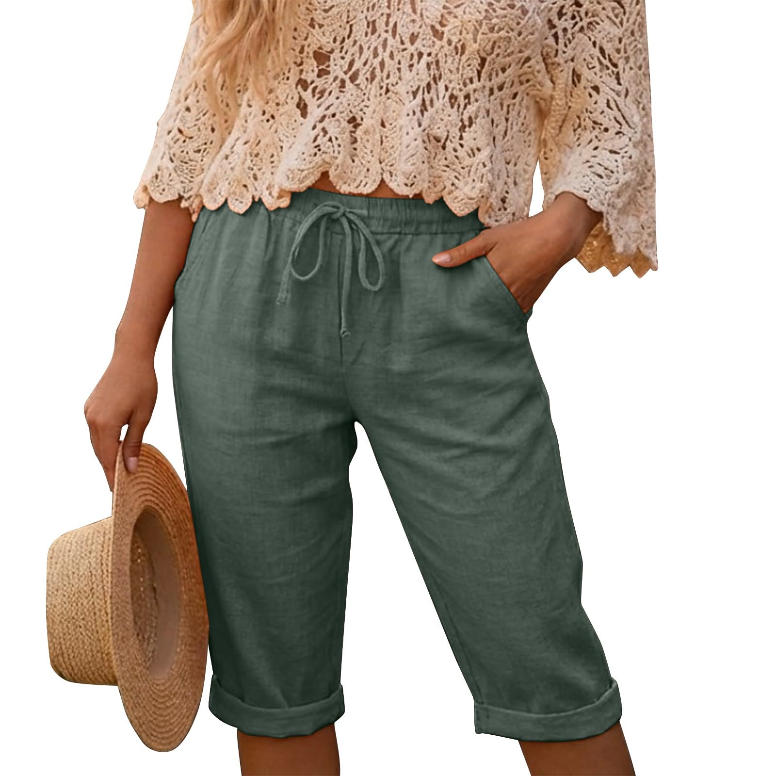 Short Long Femme Ete Fluide Short Femme Coton Lin Leger Taille Haute Bermuda Taille Elastique Pantalon Court Décontracté Couleur Unie Confortable Ample Pantalon de Plage avec Poches