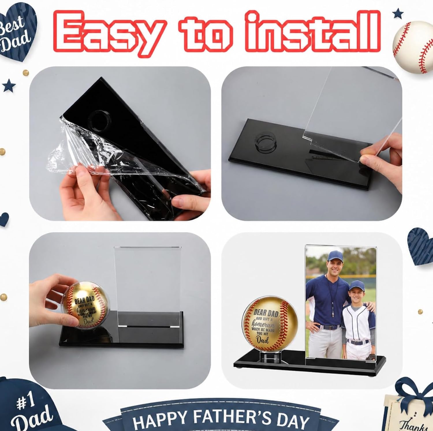 Colingmill Father's Day Baseball Gifts for Dad Picture Frame and Baseball Display Case Set Ball and Card Holder for Parents Dear Dad Father's Gifts