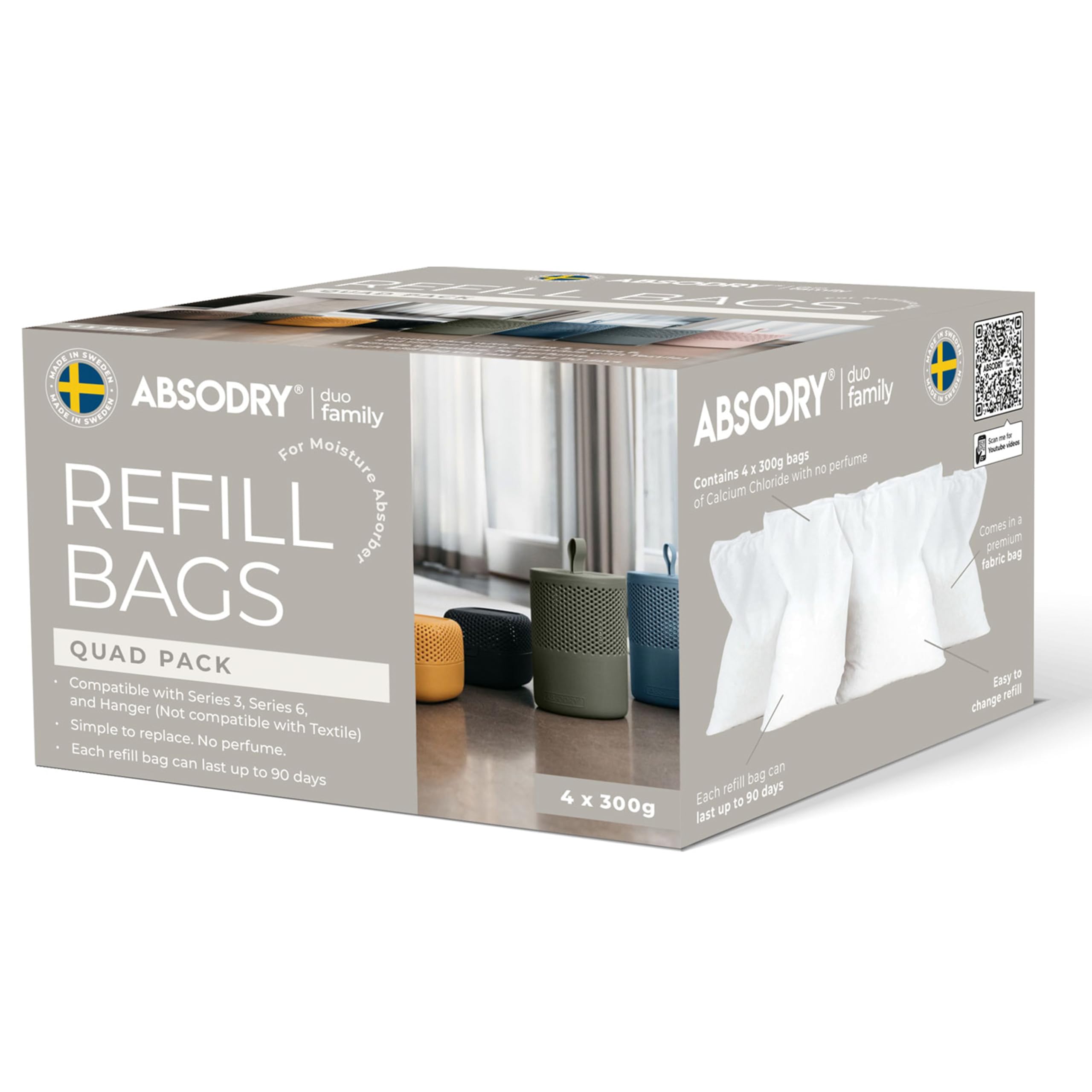 ABSODRY - 4 x 300g - Refill Bags with moisture-absorbing crystals - ABSODRY Series 6 and Series 12 Compatible – Prevents Odour & Binds Moisture – Last up to 3 months