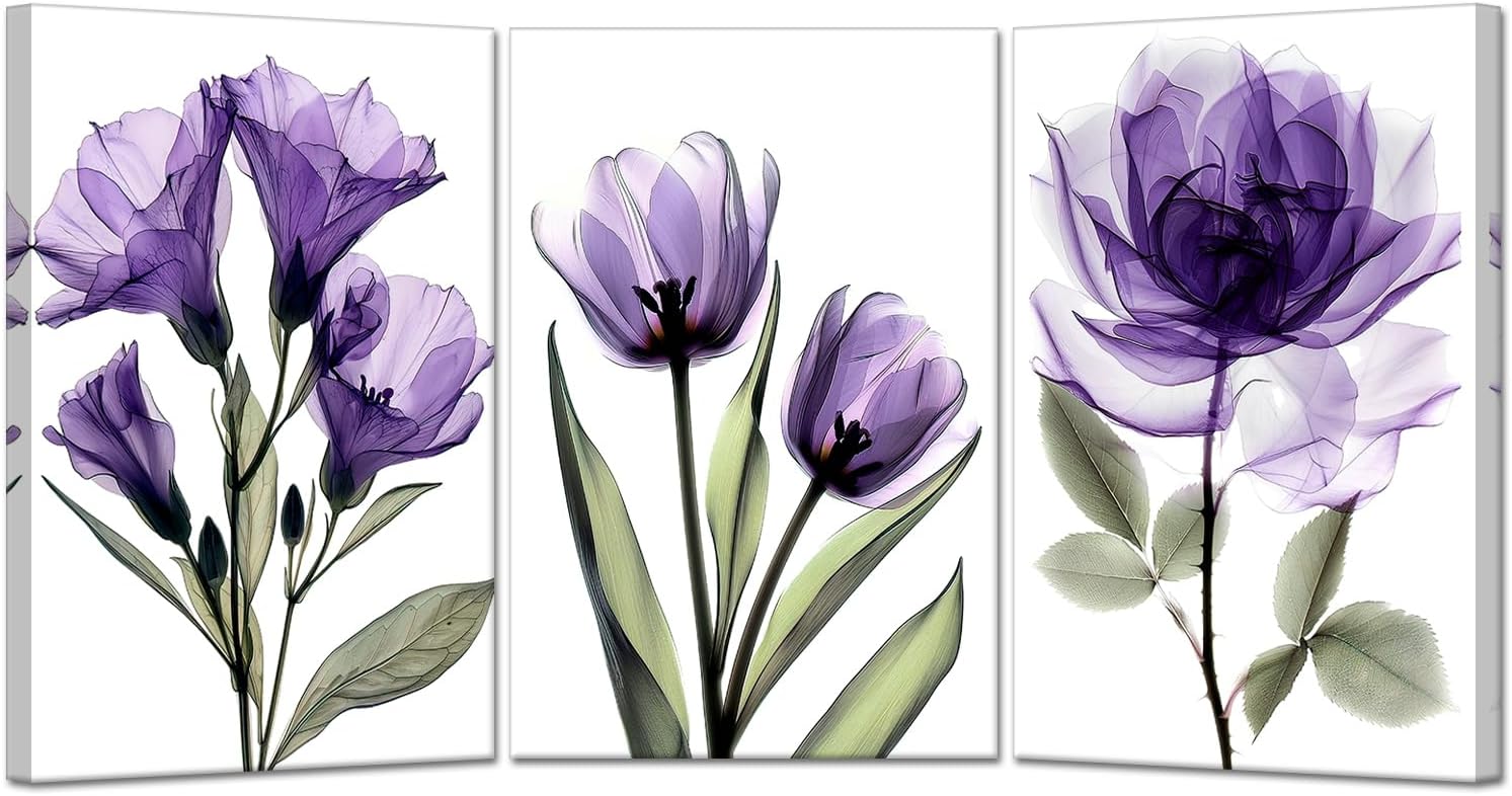 KREATIVE ARTS Chic Tropical Home Decor - 3 Piece Set, 16x24'' Each, Purple X-Ray Flowers Giclee Print, Modern Photographic Floral Canvas Wall Art, Ready to Hang for Bathroom, Bedroom