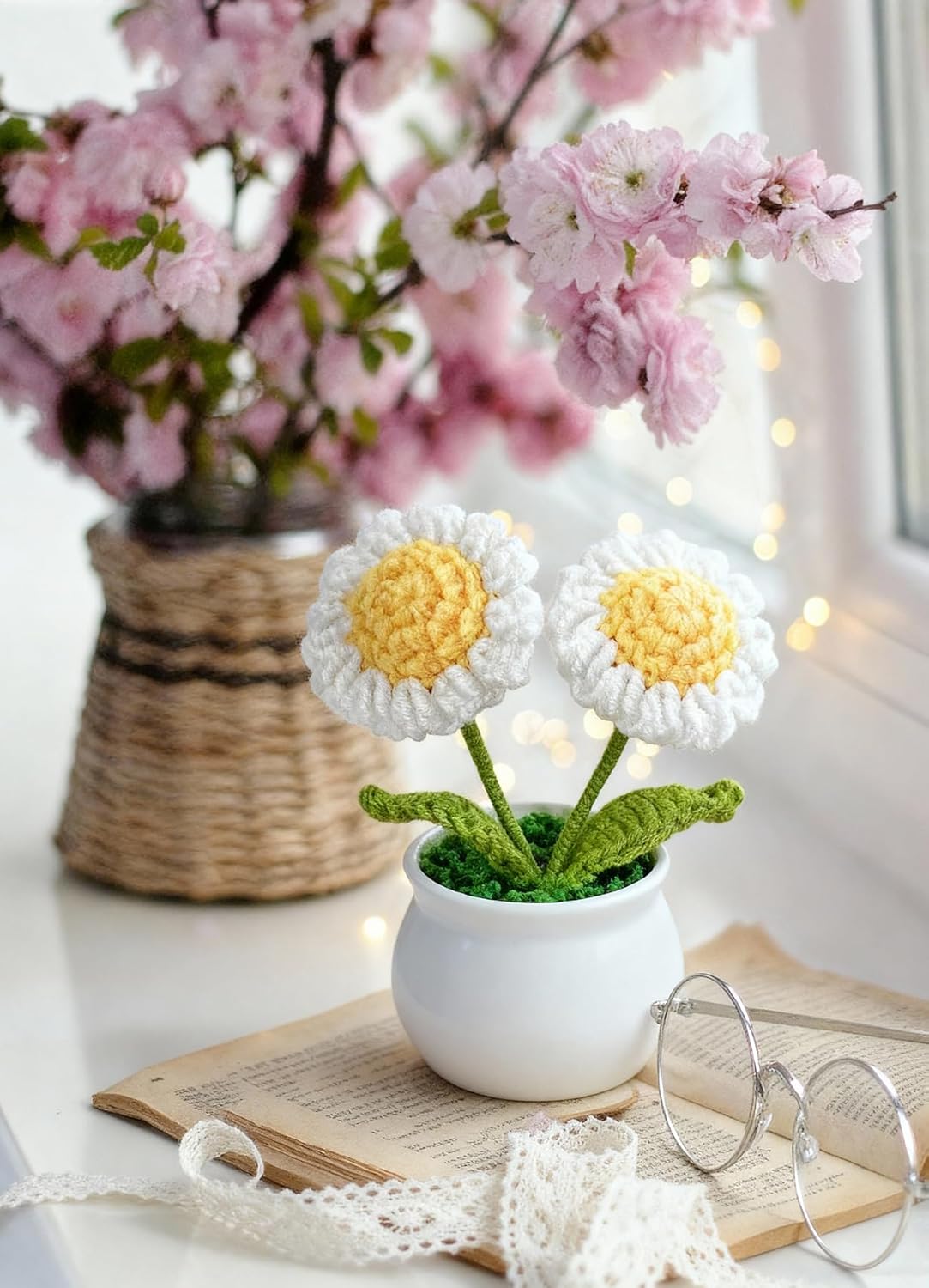 3pcs Crochet Flowers Pot Set with Daisy Rose and Forget Me Not Small Potted Flowers Crochet Gift for Mom Wife Mothers Day Birthday Decor for Home Office - Image 8