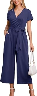 OUGES Jumpsuit Damen Sommer Elegant Overall Lang Playsuit Kurzarm Casual Hosenanzug mit Taschen