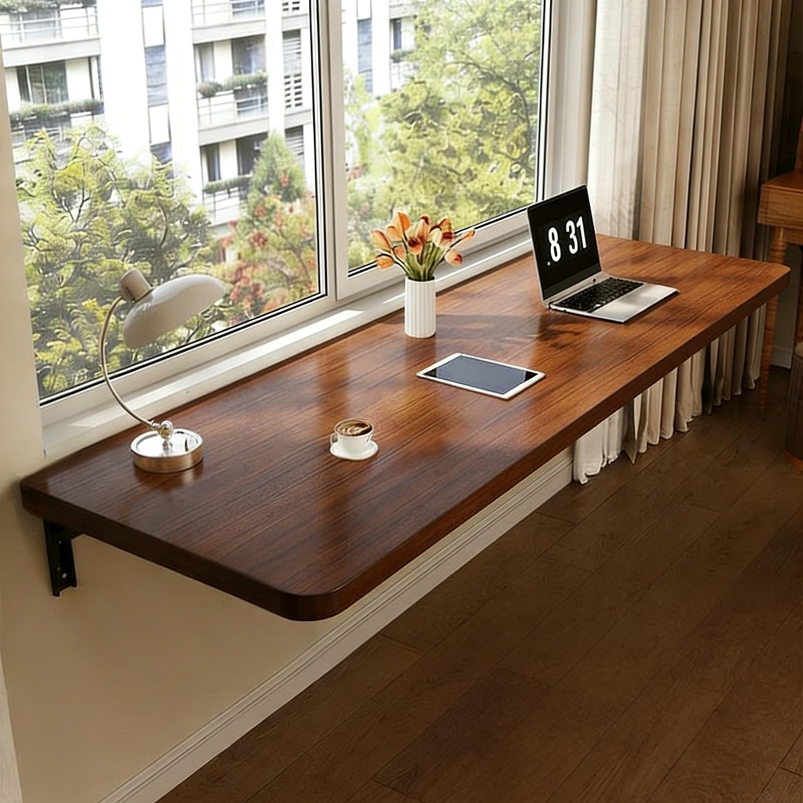 Table murale rabattable moderne marron 80x30cm pour cuisine et bureau