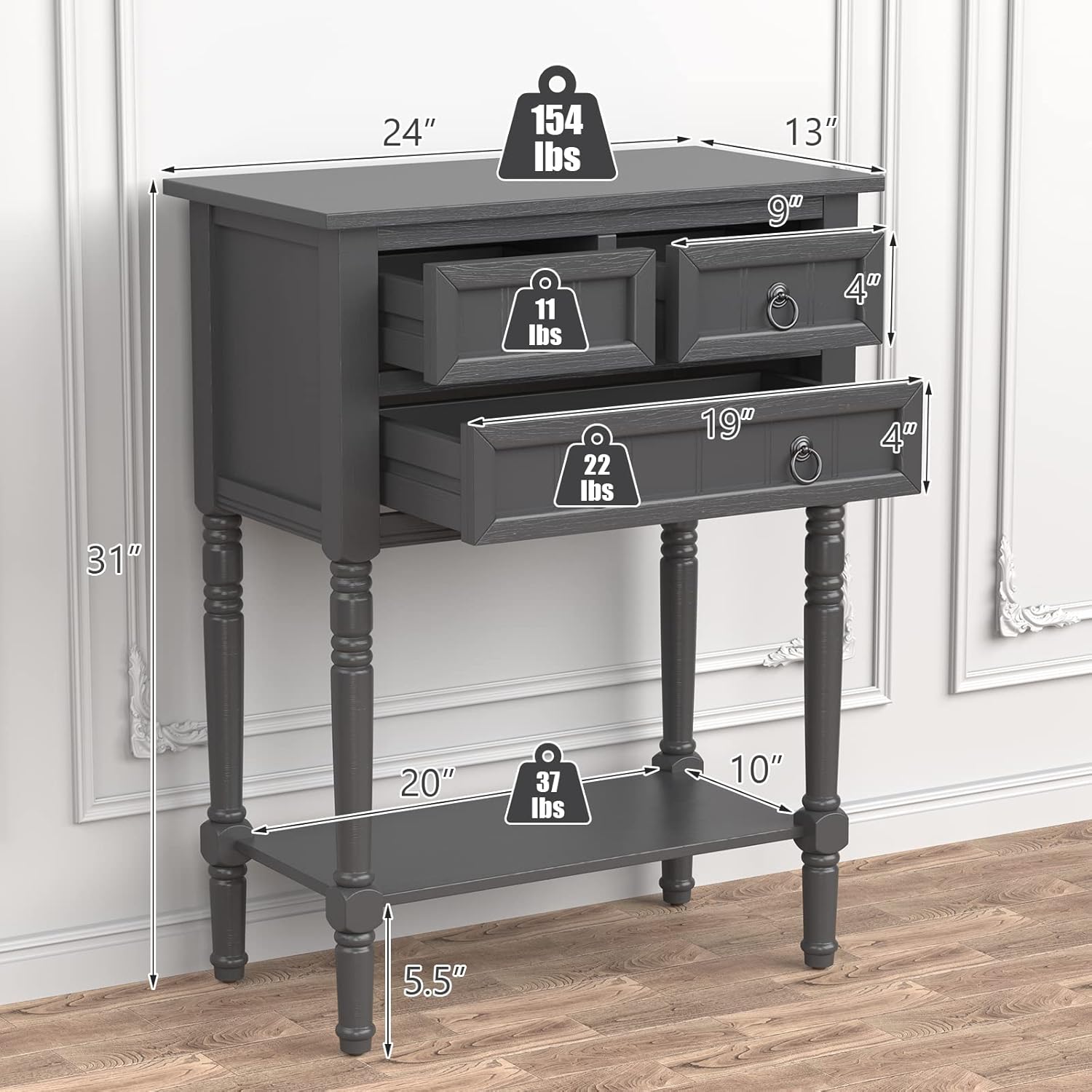 Giantex Console Table with 3 Drawers, 24" Rustic Entryway Table with Storage, Open Bottom Shelf, Compact Hallway Table, Small Sofa Side Table for Living Room, Bedroom, Narrow Entry Table, Gray
