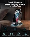 Chargeur sans fil pour Samsung,7 en 1 Borne de recharge sans fil pliable Fast Charger Stand avec lumière de nuit / Alarm Horloge pour Samsung Galaxy S26/S25/S24/S23 Galaxy Watch Galaxy Buds, Dons pour la Journée des Pères