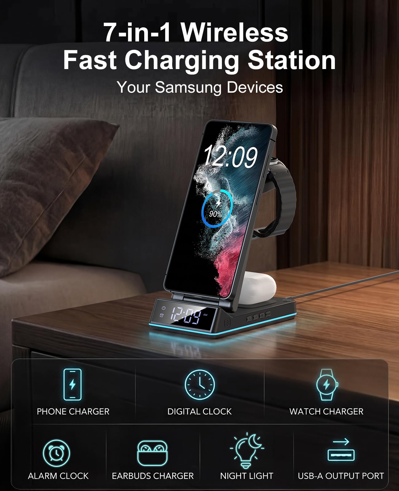 Cargador inalámbrico para Samsung, estación de carga inalámbrica 3 en 1, soporte plegable de carga rápida con luz nocturna/reloj despertador para Samsung Galaxy S25 Ultra/S24/S23/S22/S21/Galaxy Watch