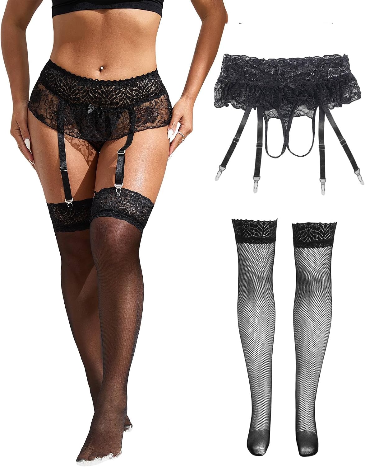 ohyeah Lace Garter Belt with 4 Straps for Women Thigh High Stockings Plus Size Garter Belts for Thigh Highs