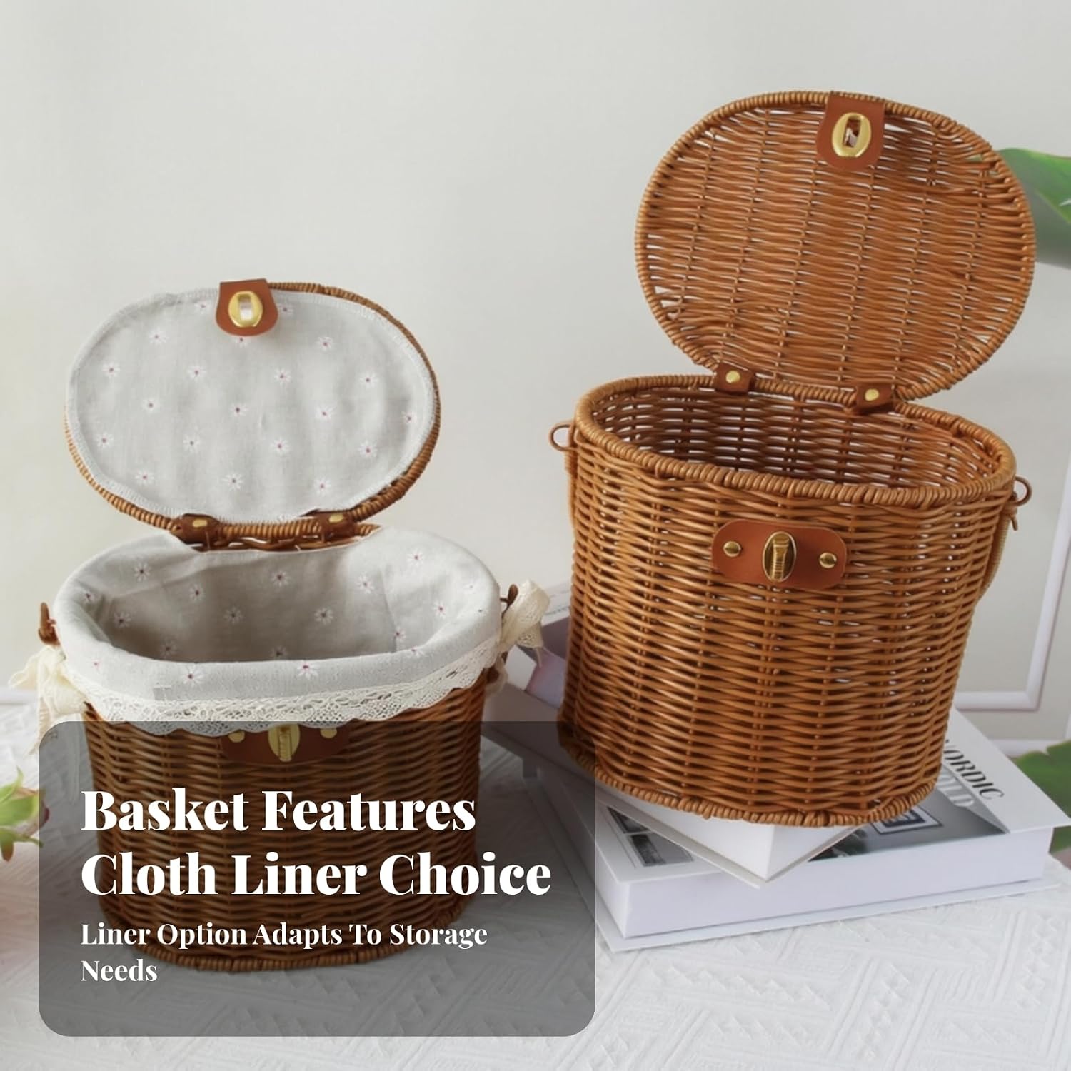 Compact Oval Wicker Basket with Clasp | Rattan Basket with Lid, Handheld, for Gift Presentation, Home Organization, with Lining image 3
