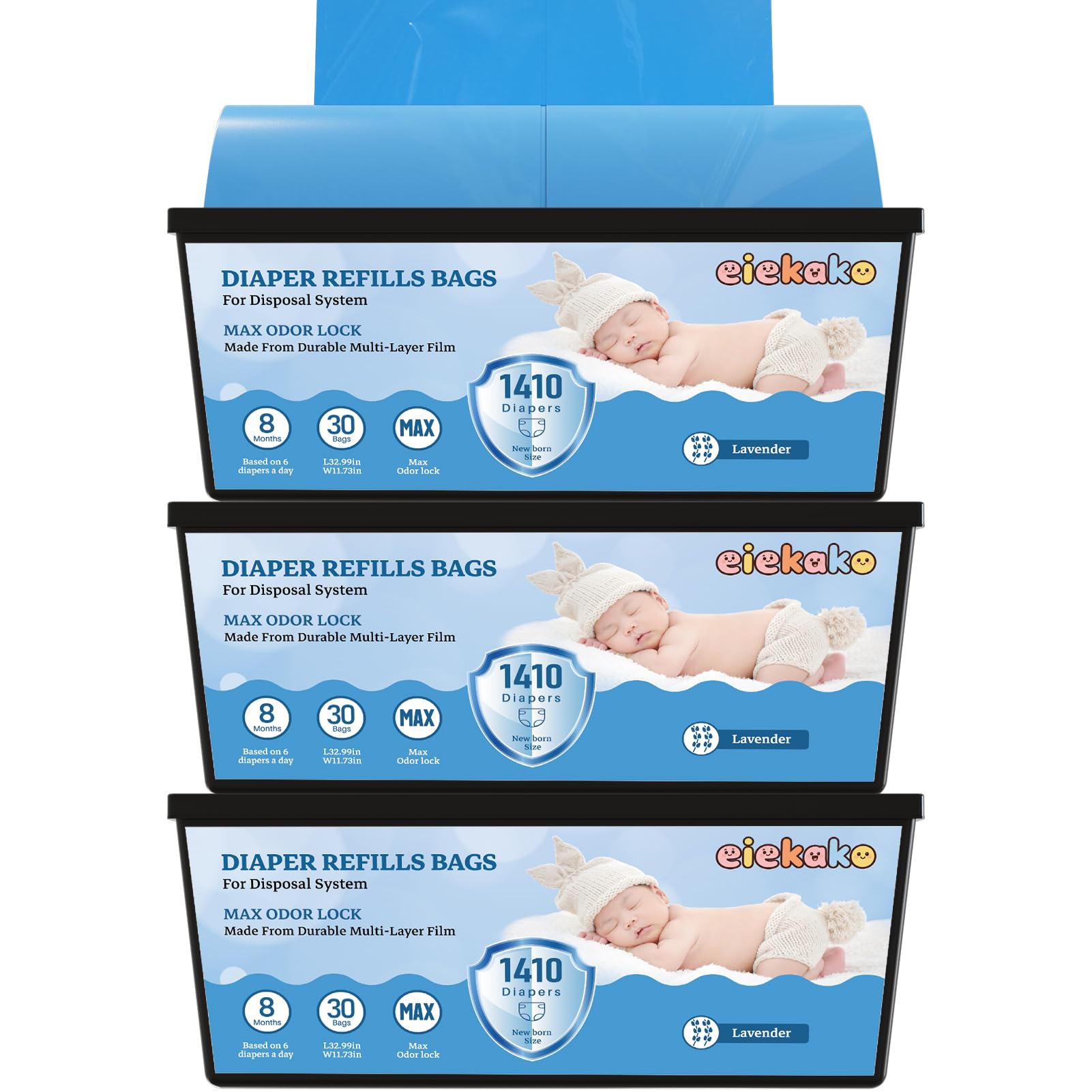 Diaper Refill Bag 7-Layer Odor Control Extra Thick for Genie Easy Roll & Platinum Pail, 3-Pack (90 Bags), Holds Up to 4200 Newborn Diapers