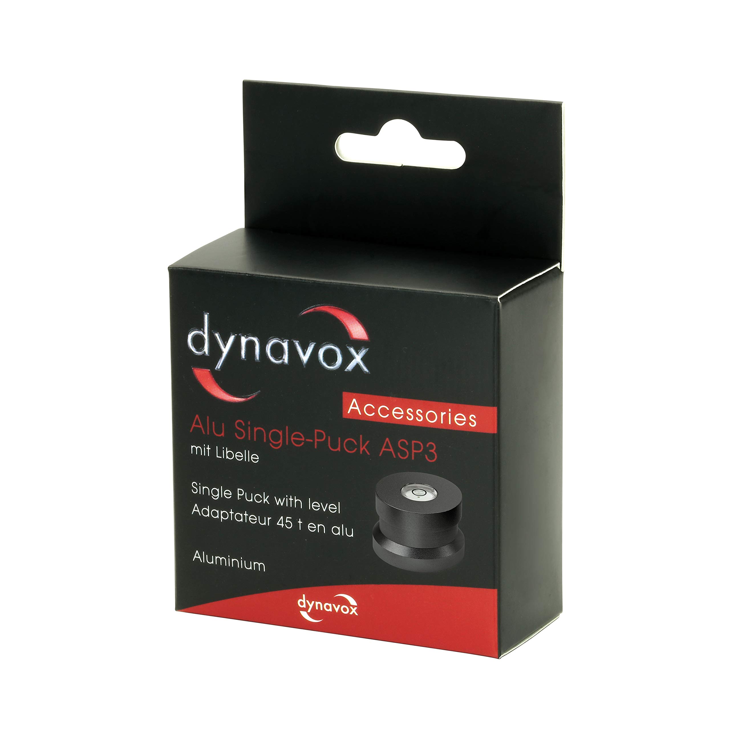 Dynavox Single Puck ASP3, adapter z aluminium do pojedynczych płyt dźwiękowych 45, zintegrowana ważka do regulacji gramofonu, czarna