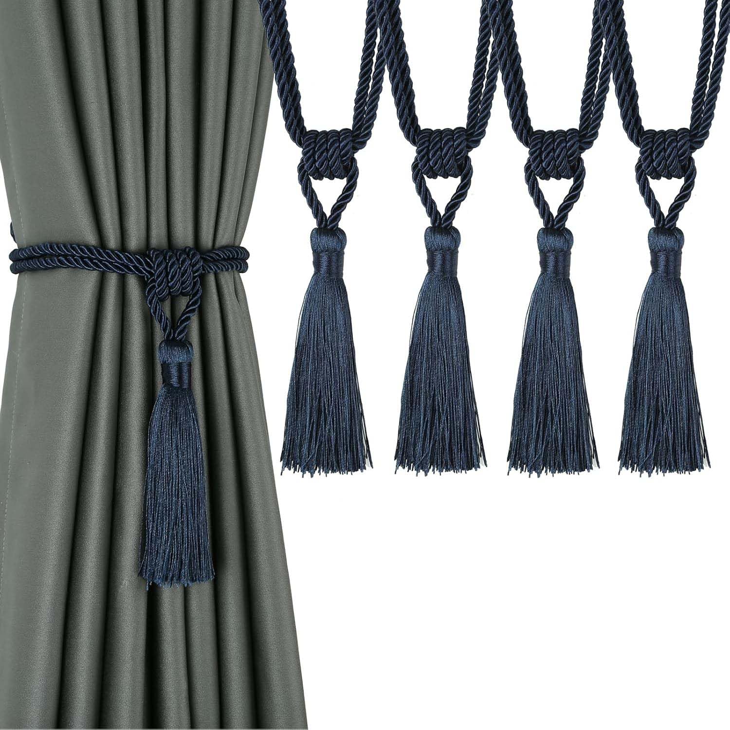 BEL AVENIR Curtain Tiebacks Tassel Tie-Backs, Rope Curtain tie Backs Handmade Curtain Holdbacks Made from Polyester(Navy, 4p)