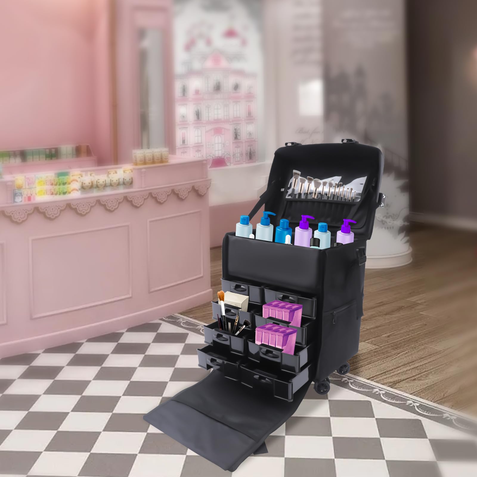 2 in1 Kosmetik Trolley Kosmetikkoffer, Schubladen Make up Koffer Nagelkkoffer Beauty Case Friseur Box Multikoffer, Make-up Reisen Friseure Friseurkoffer & Wheels