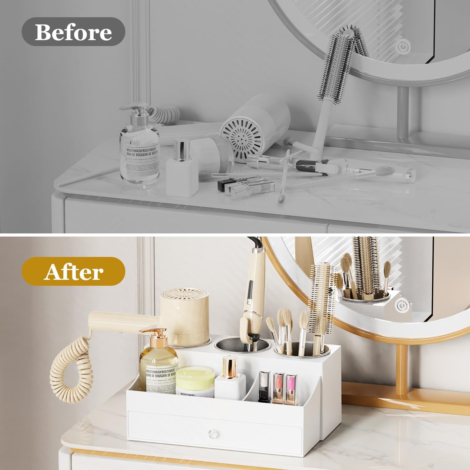 Hair Tool Organizer with Drawer- Bathroom Vanity Organizers and Storage, Hair Styling Accessories Hot Tools Organizer Hair Dryer, Blow Dryer, Curling Iron, Flat Iron, Hair Straightener (Milky White)