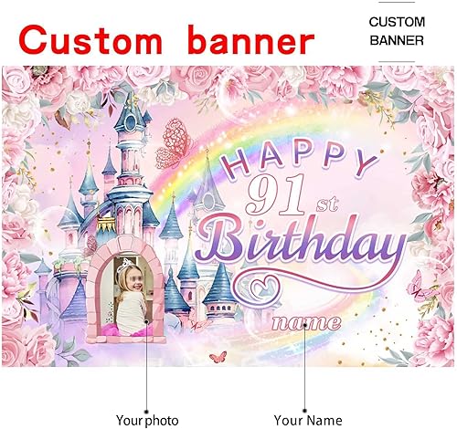 Vista 2 de Cartel personalizado de decoración de cumpleaños 91 con temática de castillo y princesa, pancarta de tela personalizada para suministros de fiesta
