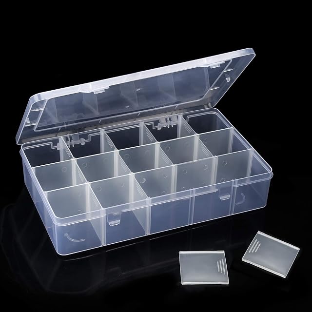 Zhenle Plastic Grid Storage Box 15 Large Grids Box Transparent 27.5 x16 x 5.5cm Jewelry Bead Organizer Box Storage Container with Removable Dividers for Craft Bead Nail Screw Earrings Necklaces Rings