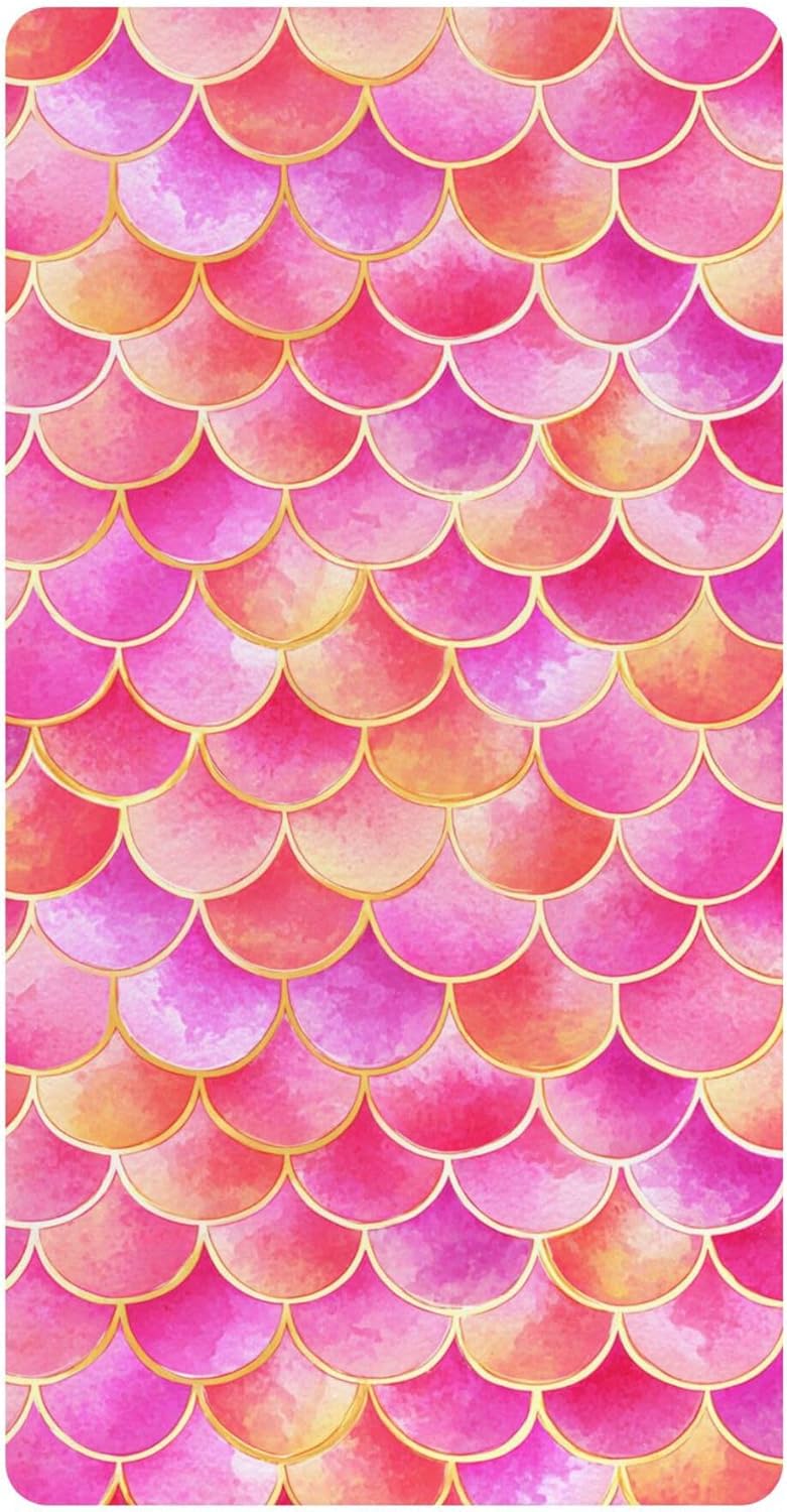 Watercolor Pinks Mermaid Scales Crib Sheets Soft Breathable Fitted Cotton Baby Crib Sheets Mattress Cover for Girl Boy, 52" x 28" x 9"
