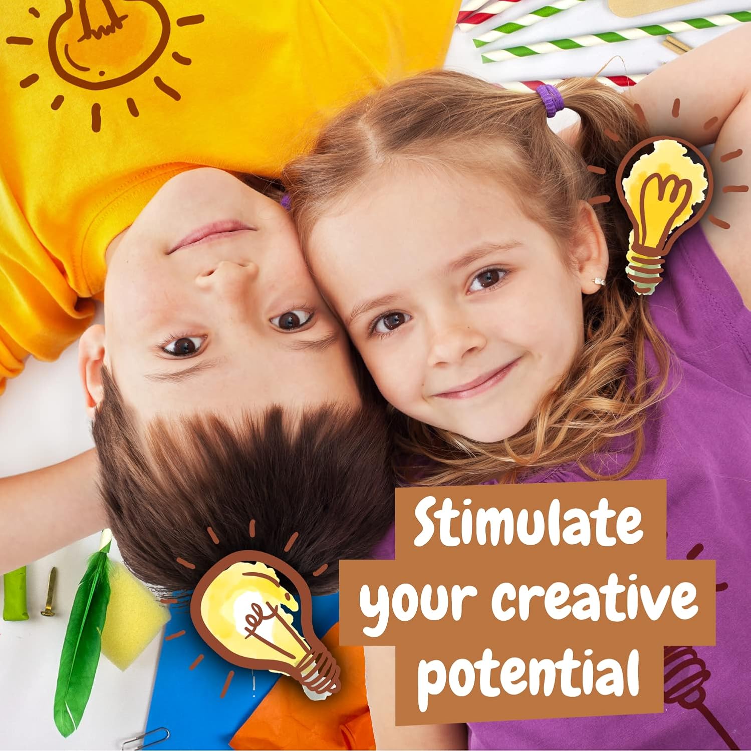 Two children lying down, smiling, with lightbulb icons around them, symbolizing creative potential.