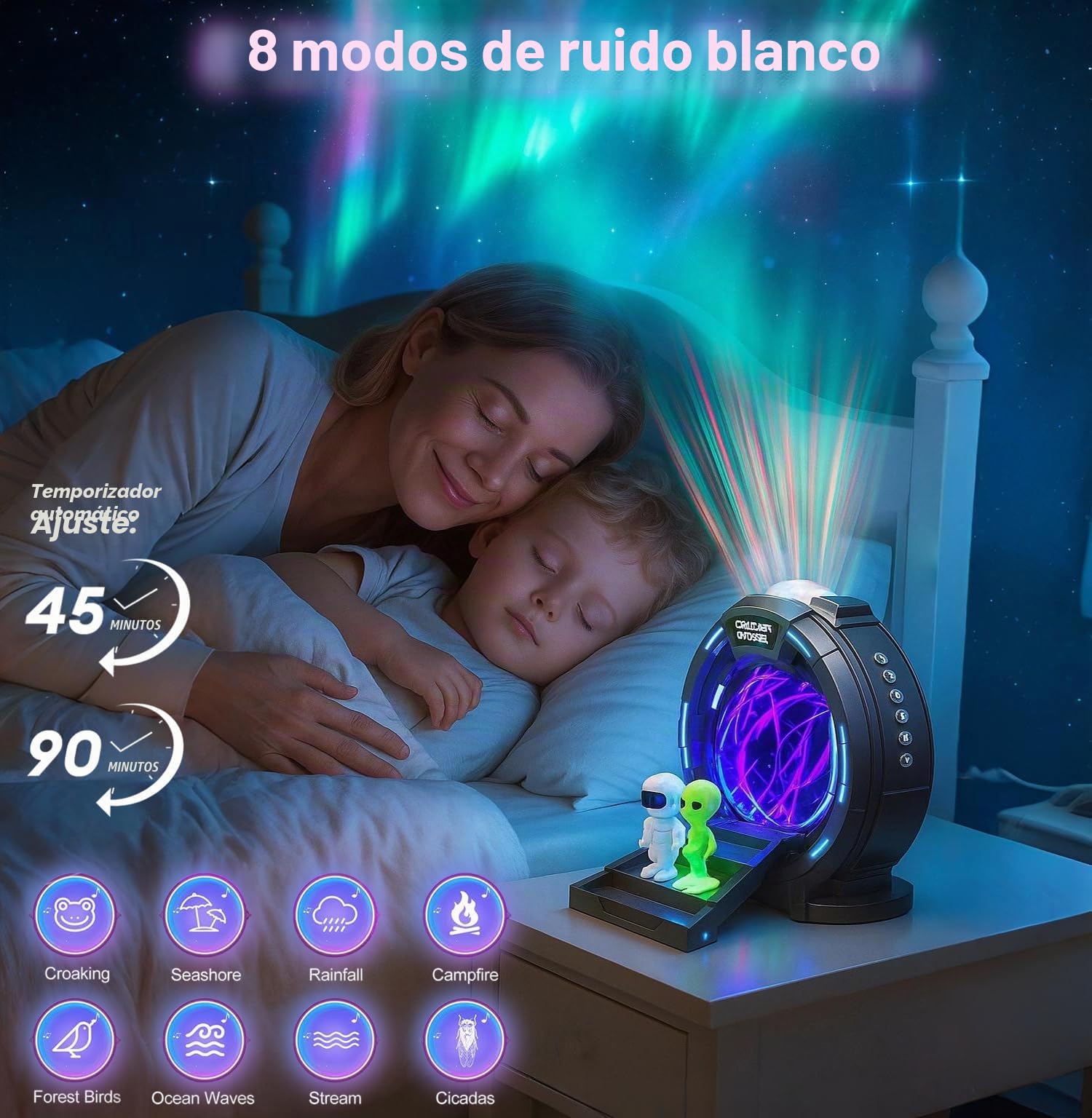 Proyector Galaxia Estrellas Stargate Bola Plasma, Proyector Astronauta Techo Aurora Boreal Luz Nocturna con Ruido Blanco, Altavoz, Despertador y Control Remoto para Dormitorio Gaming Regalos Navidad