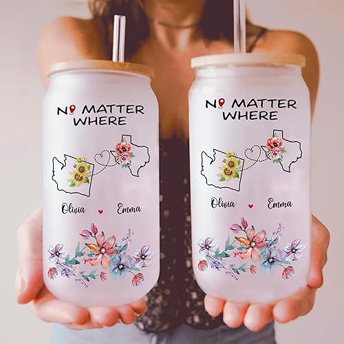 Miniatura 5 de Gossby Regalo de larga distancia para mejores amigas, vaso de vidrio personalizado de 16 onzas para mujeres con popote, tapa, amistad personalizada,
