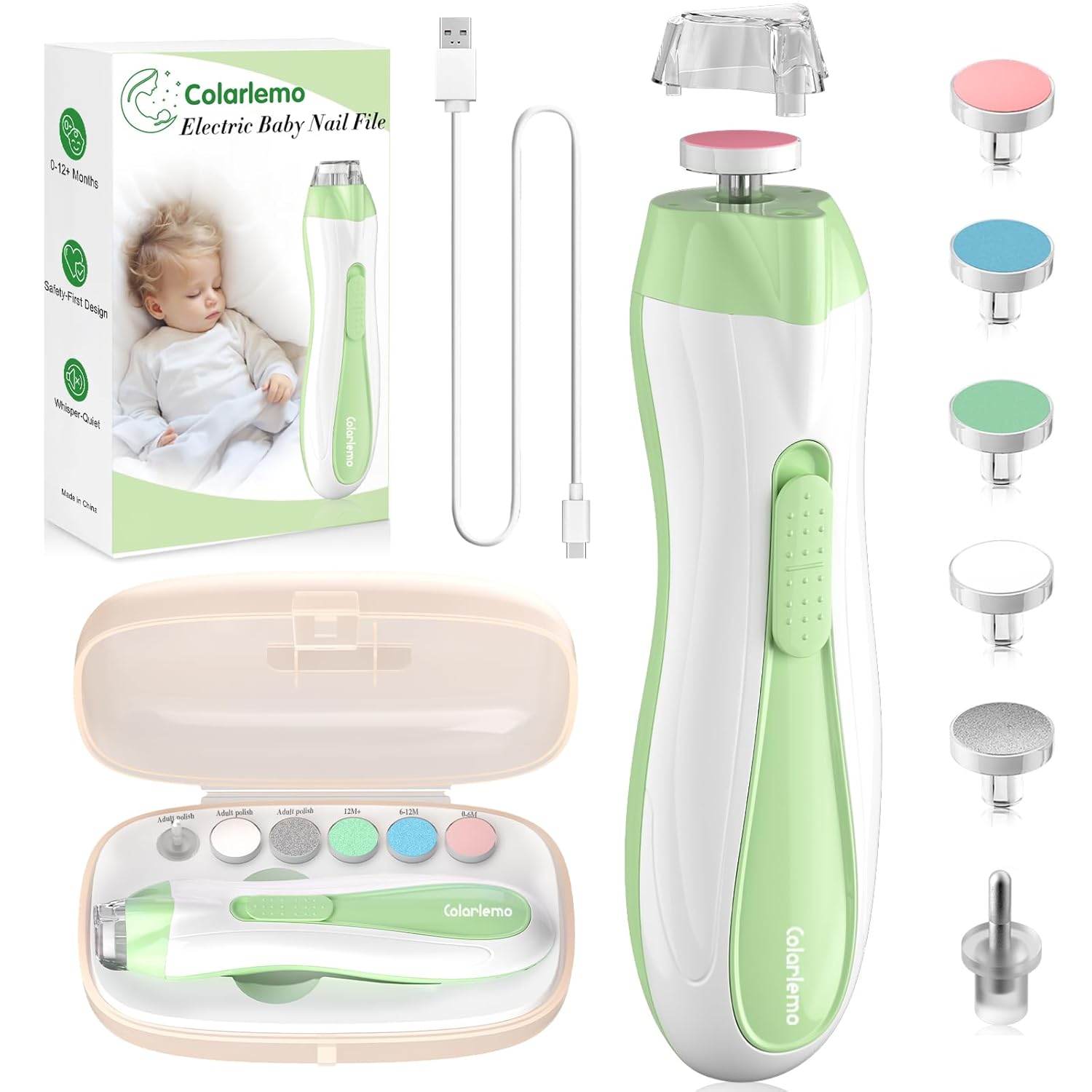 Rechargeable Baby Nail Trimmer Electric Baby Nail File, 15-in-1 Safe & Easy Nail Clippers Filer Buffer Kit with Dust Cover LED Light for Newborn Infant Toddler Adult Toes Fingernails, Green Rechargeable Baby Nail Trimmer Electric Baby Nail File, 15-in-1 Safe & Easy Nail Clippers Filer Buffer Kit with Dust Cover LED Light for Newborn Infant Toddler Adult Toes Fingernails, Green