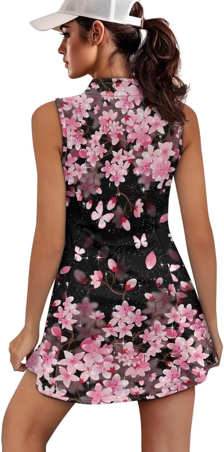 Womens Tennis Dress Sleeveless 1/4 Zip Up Golf Skirt Built in Shorts Athletic Quick Dry Dresses with Pockets