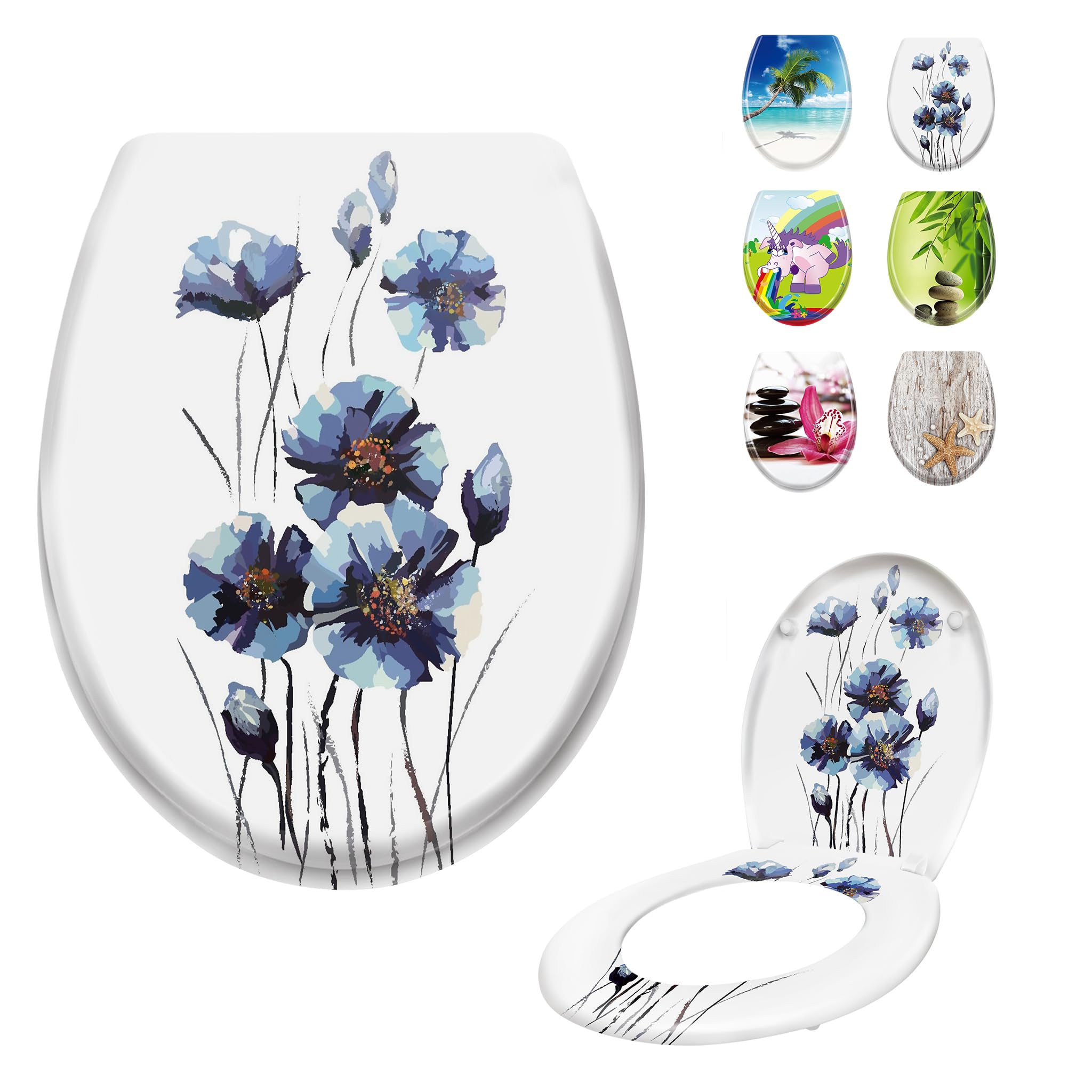 LARS360 Toilettendeckel WC Sitz mit Absenkautomatik aus Duroplast und Edelstahl, Antistatisch Antibakteriell Leicht zu Reinigen Abnehmbar Für Meisten Klodeckel Hänge WC, 45 x 38cm(Blauer Blumenstrauß)