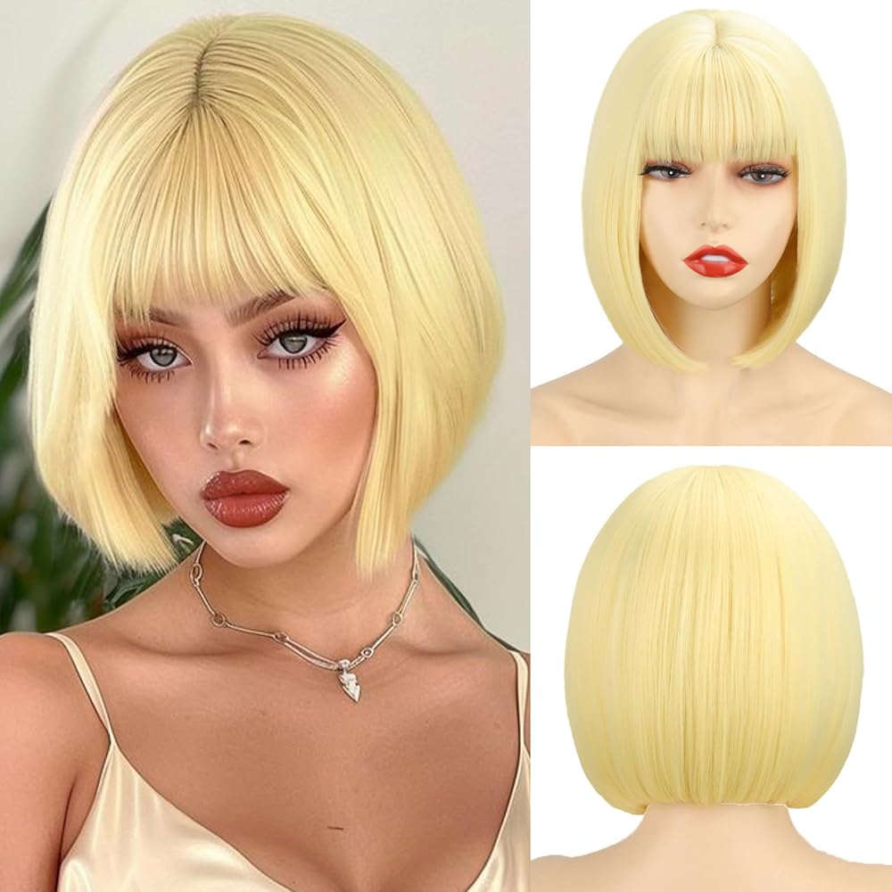 WERD Blonde Bob Wig with BangsStraight Bob Wig Short Blonde Wigs for Women, Short Light Blond Synthetic Heat Resistant Colorful Wig for Cosplay Party Use