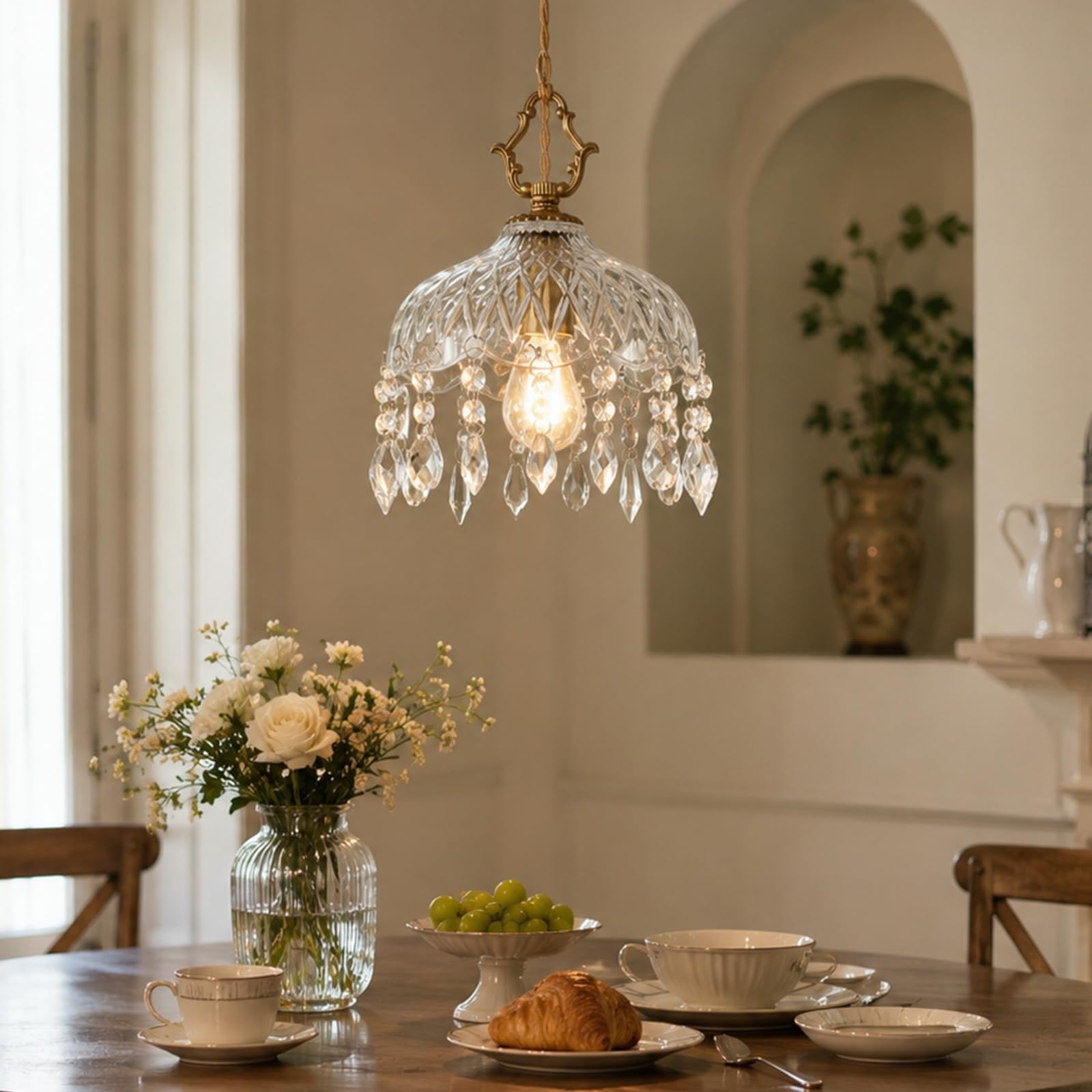 zhxinashu Lampada a Sospensione in Vetro per Camera da Letto - L | Lampada Pendente Fiore con Gocce di Cristallo, Lampadina E27 Non Inclusa, Cavo Regolabile 1M, Vintage Deco per Isola Cucina