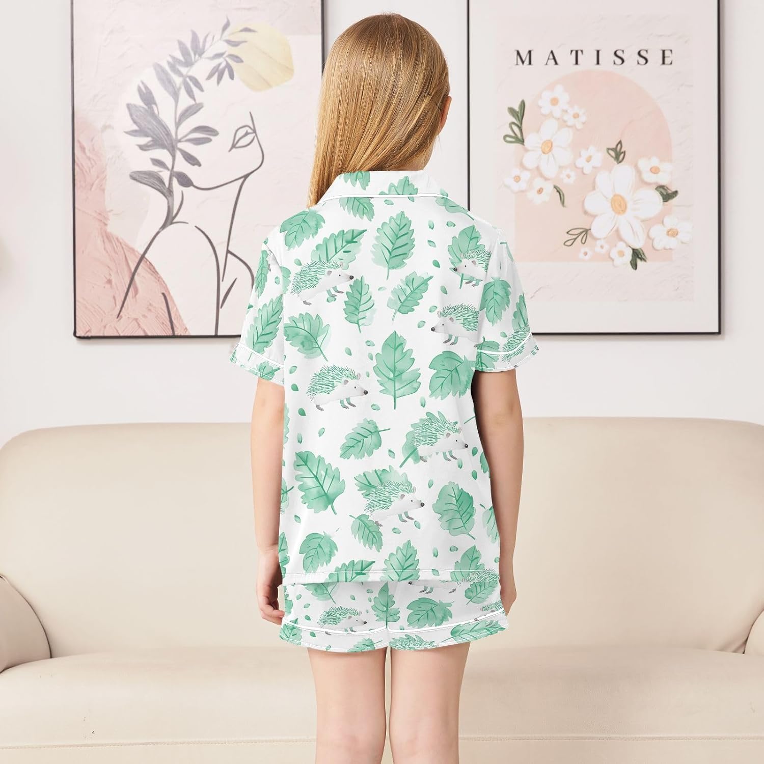 Kids Satin Wear Set Green Hedgehog Pattern Relaxed Fit Clothing Short Sleeve and Shorts