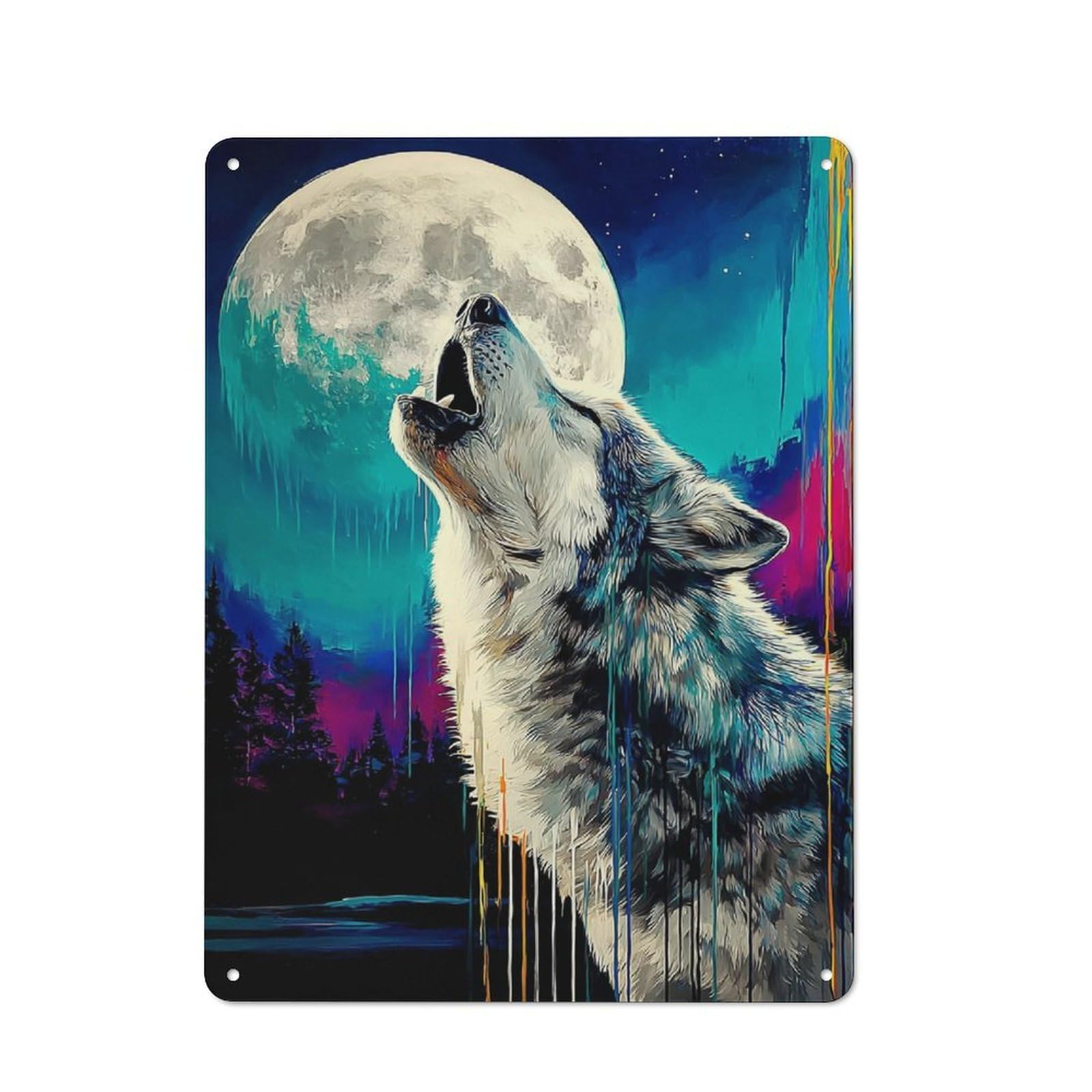 Howling Wolf Under Moonlight Cottage Metal Wall Decor 40x30cm, Shed Metal Sign for Conservatory, Home Bar Or Utility Room